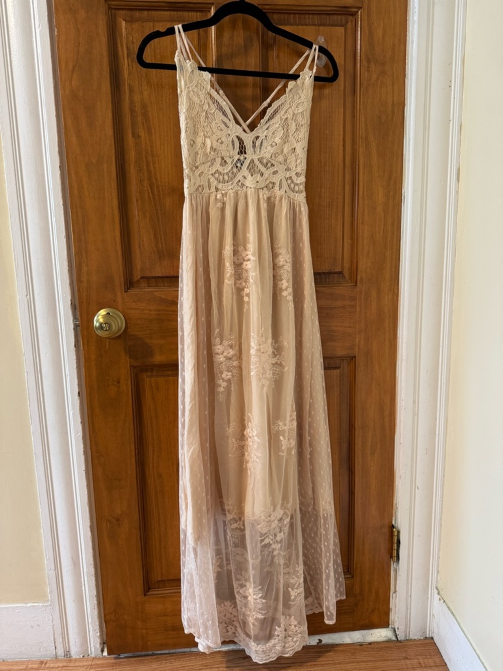 Sheer Lace Maxi Dress in Beige — Sleeveless